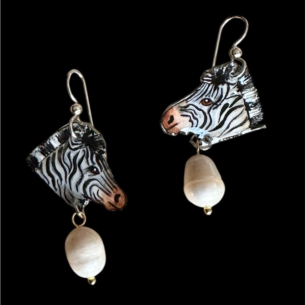 Handpainted zebra earrings w faux pearl charm OOAK